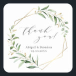 Greenery Gold Geometric Thank You Rustic Wedding Square Sticker<br><div class="desc">Rustic watercolor botanical foliage greenery design with faux gold foil leaves and geometric frame,  and trendy thank you script,  simple and elegant,  great for summer rustic wedding,  spring botanical garden wedding. 
See all the matching pieces in collection</div>