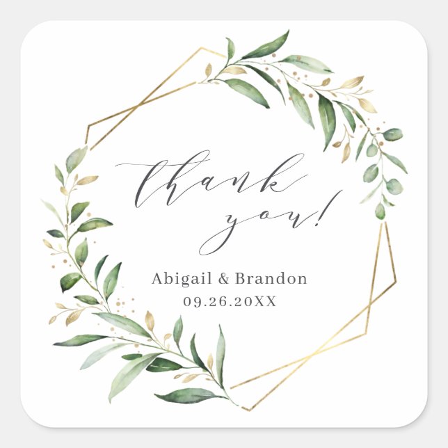 Greenery Gold Geometric Thank You Rustic Wedding Square Sticker (Front)