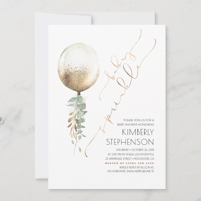 Greenery Gold Glitter Balloon Baby Sprinkle Invitation (Front)