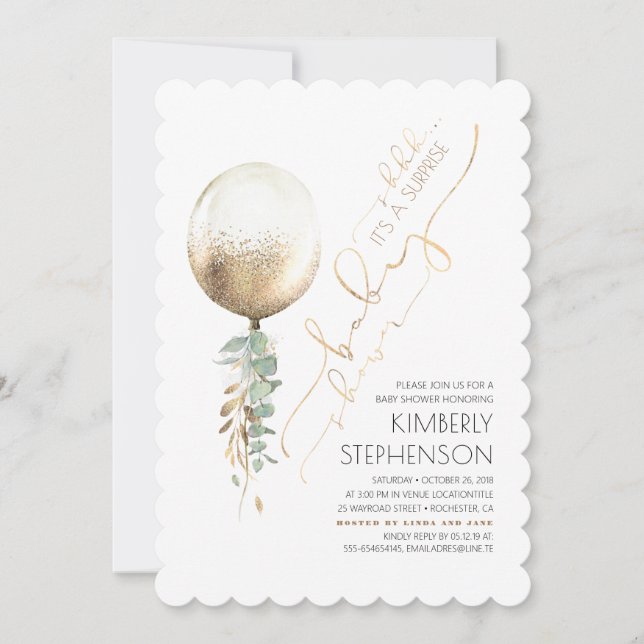 Greenery Gold Glitter Balloon Surprise Baby Shower Invitation (Front)