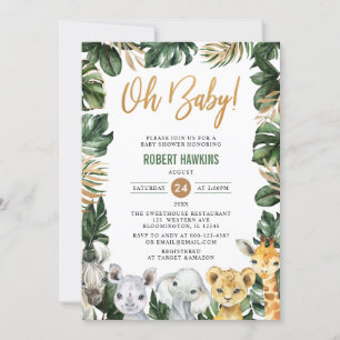 Greenery Gold Jungle Animals Safari Oh Baby Shower Invitation