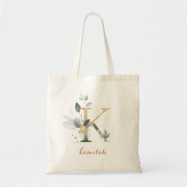 Greenery Gold Leaf Foliage Personalised Letter "K" Tote Bag (Front)