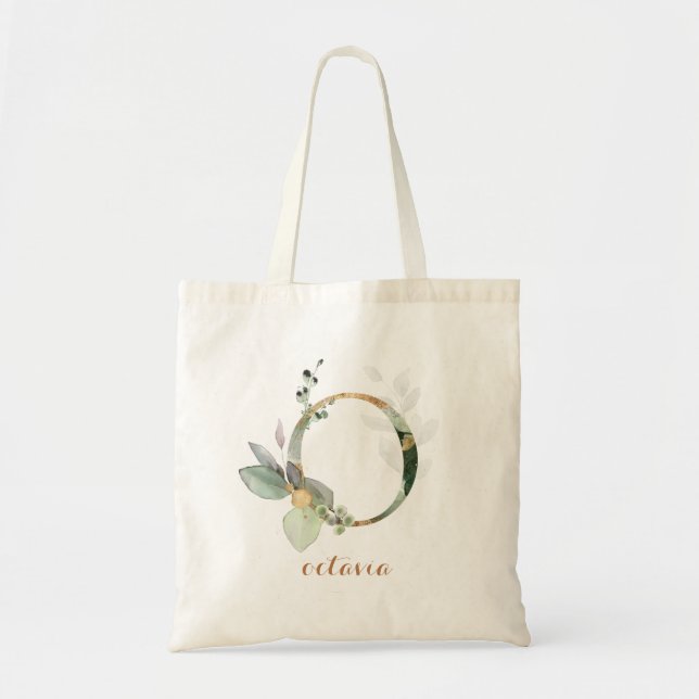Greenery Gold Leaf Foliage Personalised Letter "O" Tote Bag (Front)