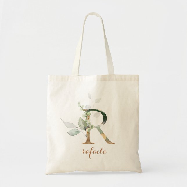 Greenery Gold Leaf Foliage Personalised Letter "R" Tote Bag (Front)