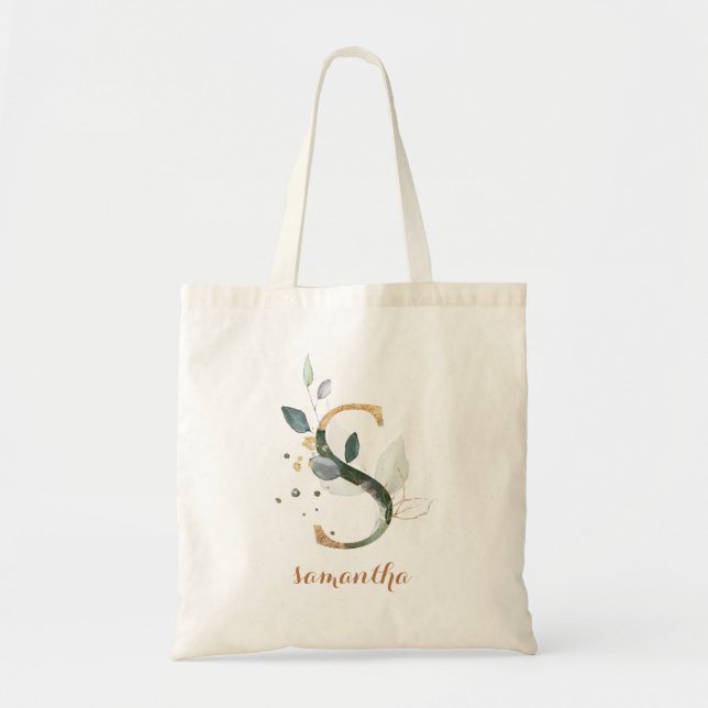 Greenery Gold Leaf Foliage Personalised Letter "S" Tote Bag (Front)
