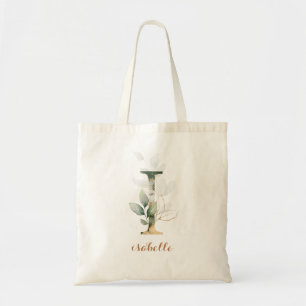 Greenery Gold Leaf Foliage Personalized Letter "I" Tote Bag
