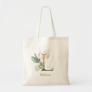 Greenery Gold Leaf Foliage Personalized Letter "L" Tote Bag