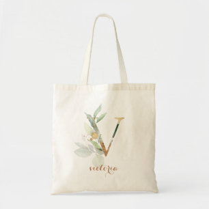 Greenery Gold Leaf Foliage Personalized Letter "V" Tote Bag
