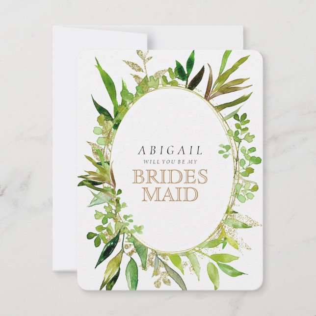 Greenery & Gold Leaf Framed Will You Be Bridesmaid Invitation (Front)