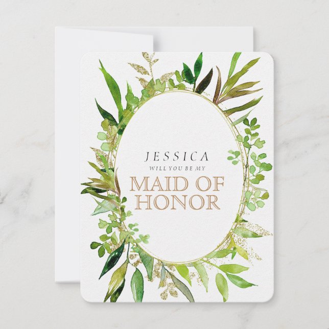 Greenery & Gold Leaf Will You Be My Maid of Honour Invitation (Front)