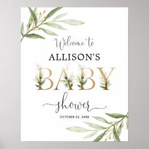 Greenery gold leaves baby shower welcome sign