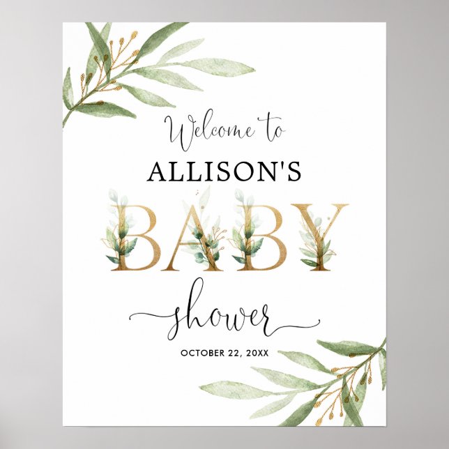 Greenery gold leaves baby shower welcome sign (Front)