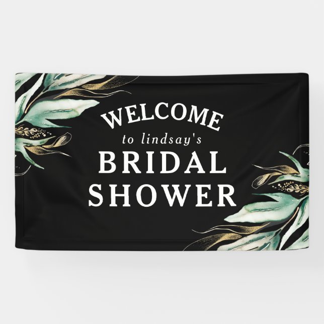 Greenery Gold Leaves Black Bridal Shower Banner (Horizontal)