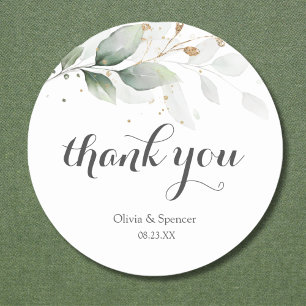 Greenery Gold Leaves Botanical Wedding Thank You Classic Round Sticker