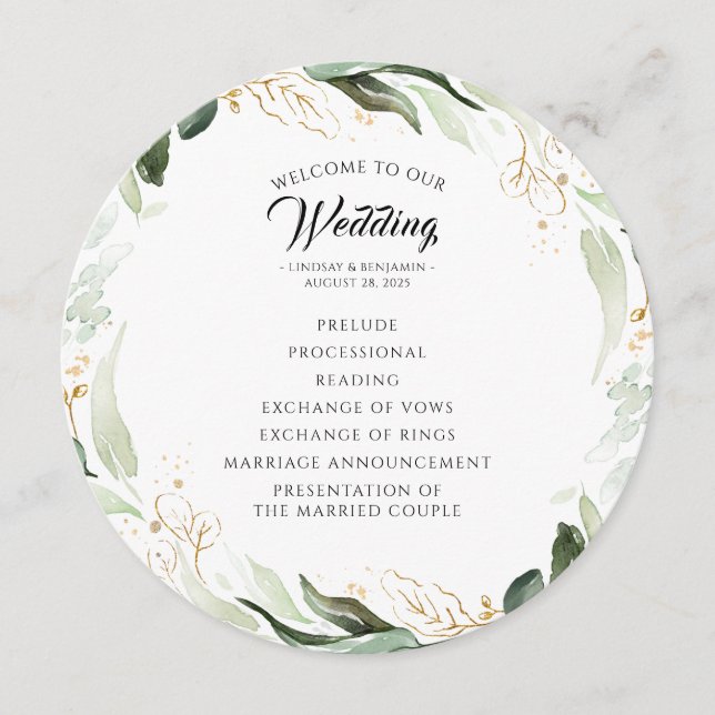 Greenery Gold Leaves Elegant Wedding Program (Front)