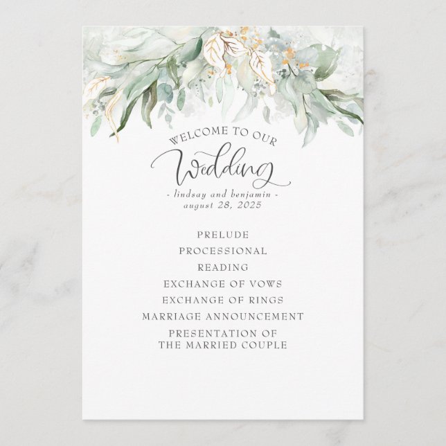 Greenery Gold Leaves Elegant Wedding Program (Front)
