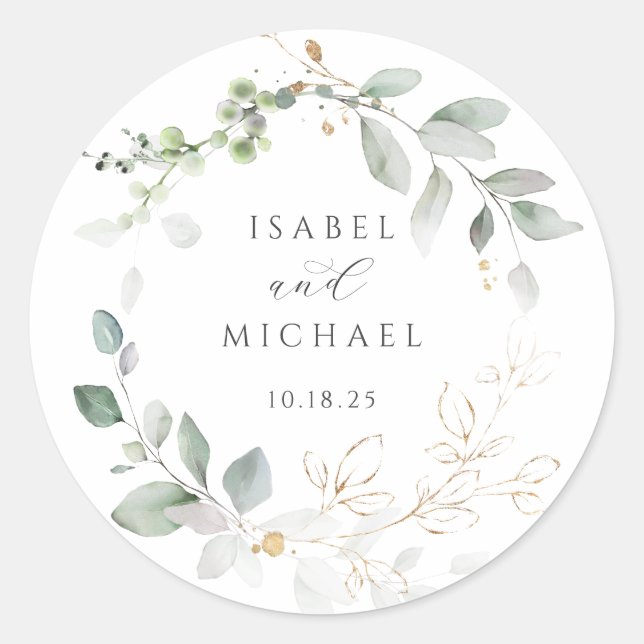 Greenery Gold Leaves Foliage Wreath Classic Round Sticker (Front)