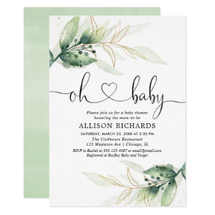 Greenery gold leaves gender neutral baby shower invitation