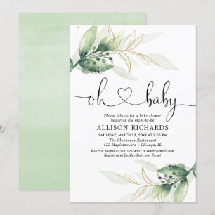 Greenery gold leaves gender neutral baby shower invitation