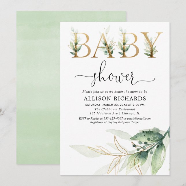 Greenery gold leaves gender neutral baby shower invitation (Front/Back)