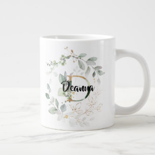 Greenery Gold Leaves Monogram Initial 'D' Name Large Coffee Mug