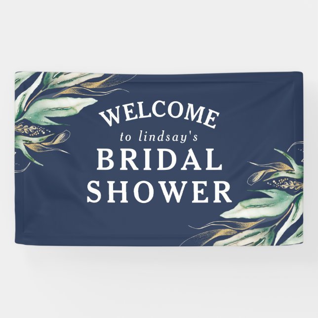 Greenery Gold Leaves Navy Blue Bridal Shower Banner (Horizontal)