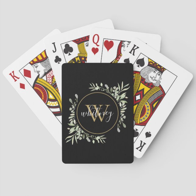 Greenery Gold Monogram Chic Script Black Playing Cards (Back)