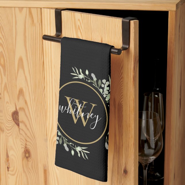 Greenery Gold Monogram Chic Script Black Tea Towel (Thirds Fold)