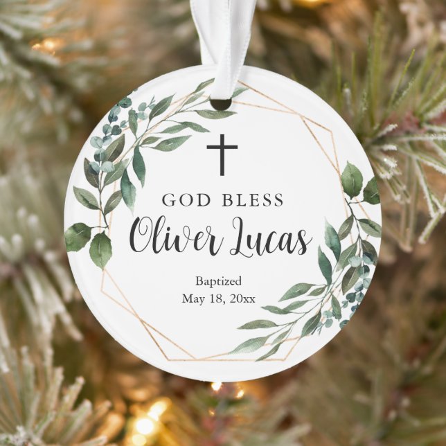 Greenery Gold Personalised Photo Baptism Ornament (Tree)