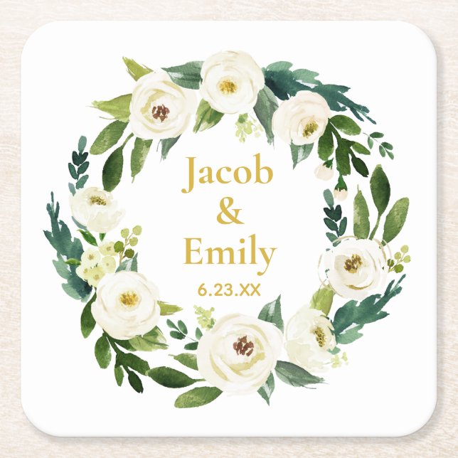 Greenery Gold Personalized Names Date Wedding Square Paper Coaster (Front)
