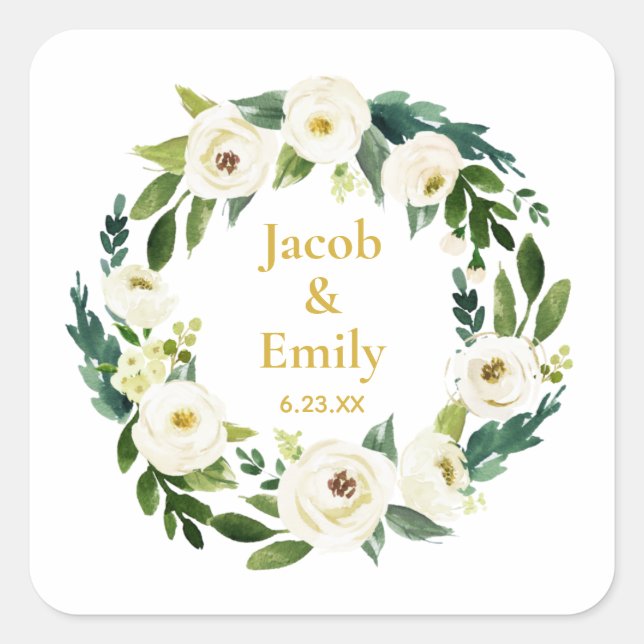Greenery Gold Personalized Names Date Wedding Square Sticker (Front)