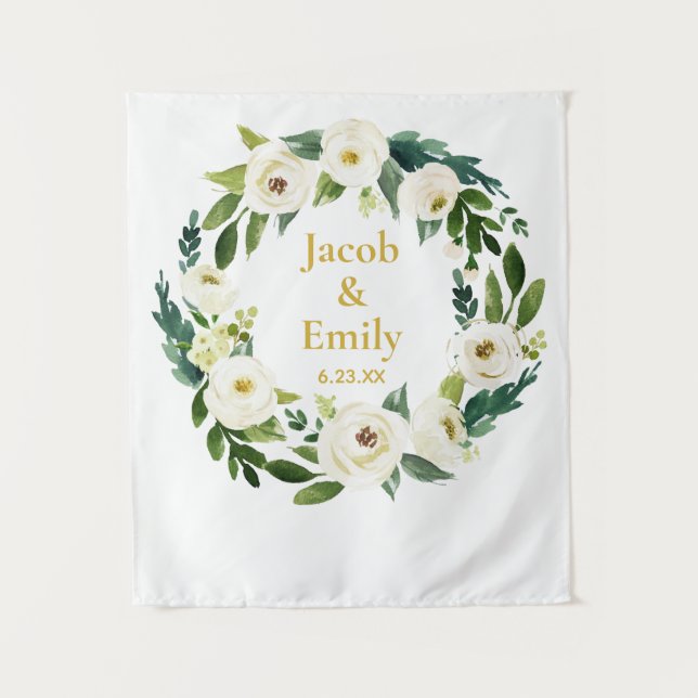 Greenery Gold Personalized Wedding Photo Backdrop Tapestry (Front)