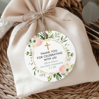 Greenery gold pink elegant first communion baptism favour tags