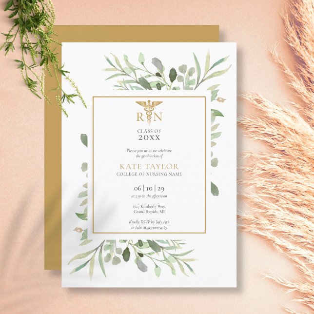 Greenery Gold RN Nursing Graduation Party Invitation (Greenery Gold RN Nursing Graduation Party Invitation)