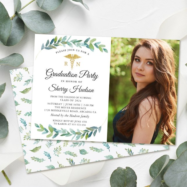 Greenery Gold RN Nursing Graduation Photo Invitation (Creator Uploaded)