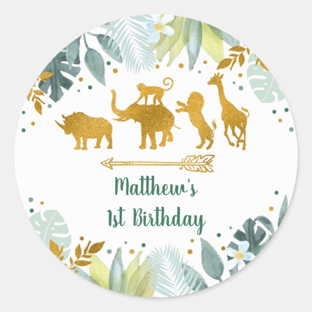 Greenery Gold Safari Animal Birthday Classic Round Sticker (Front)