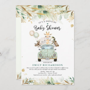 Greenery Gold Safari Animals Drive By Baby Shower Invitation