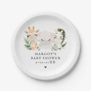 Greenery Gold Safari Animals Drive By Baby Shower Paper Plate