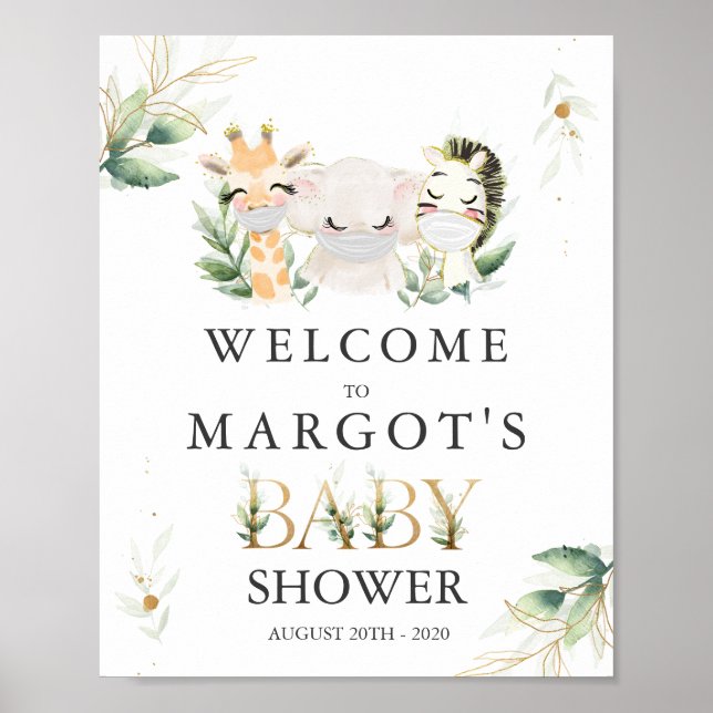 Greenery Gold Safari Animals Drive By Baby Shower Poster (Front)