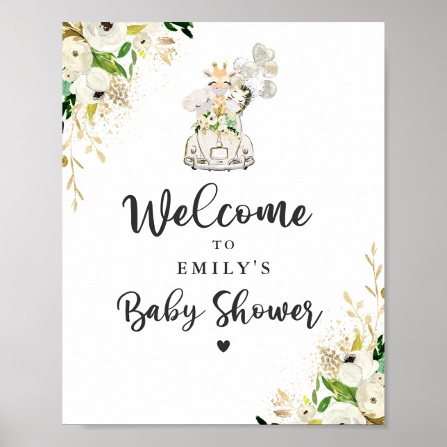 Greenery Gold Safari Animals Drive By Baby Shower Poster (Front)