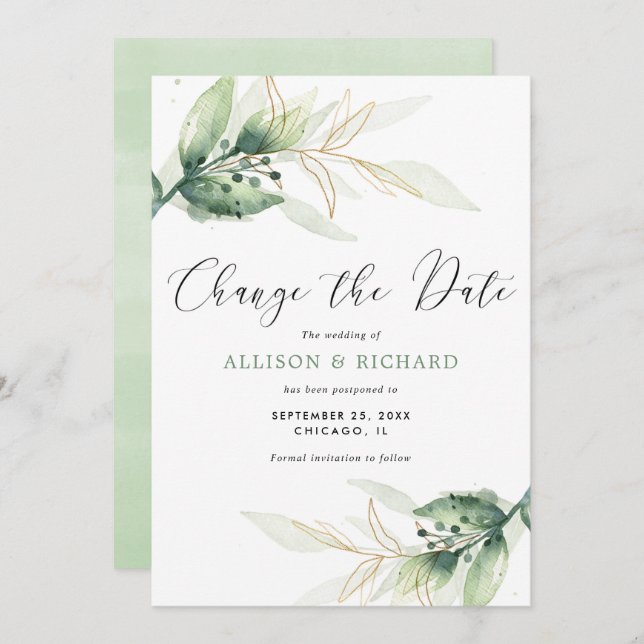 Greenery gold simple Change the Date wedding Invitation (Front/Back)