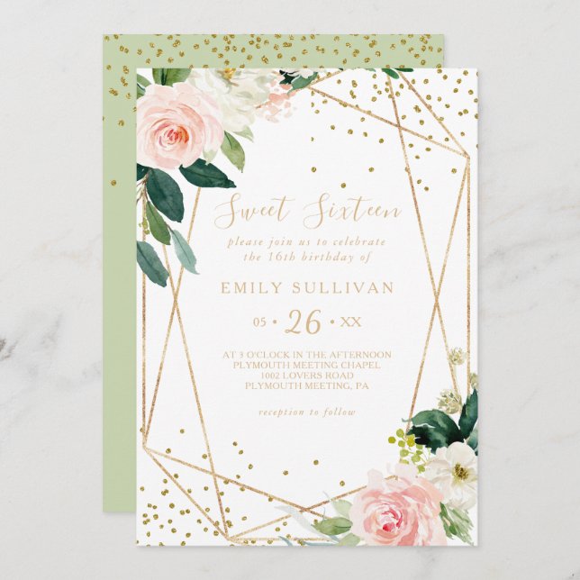 Greenery Gold Sweet Sixteen Birthday Party Invitation (Front/Back)