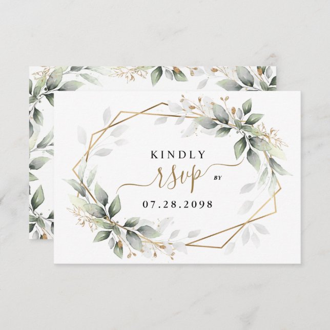 Greenery & Gold Three 3 Meal Choice Rustic Wedding RSVP Card (Front/Back)