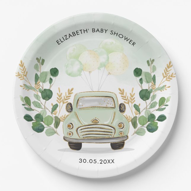 Greenery Gold Travel Drive By Quarantine Favours Paper Plate (Front)