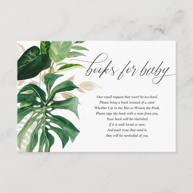 Greenery gold tropical leaves books for baby enclosure card (Front)