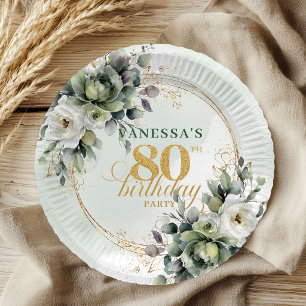 Greenery Gold Watercolor 80th Birthday Party Plate