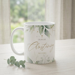 Greenery Gold Watercolor Christening Coffee Mug