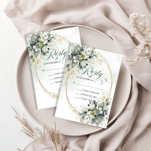 Greenery Gold Watercolor Dusty Green Wedding RSVP Card