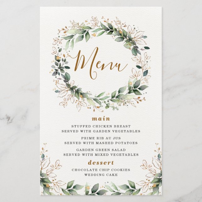 Greenery Gold Watercolor Leaf Wedding Menu Cards (Front)