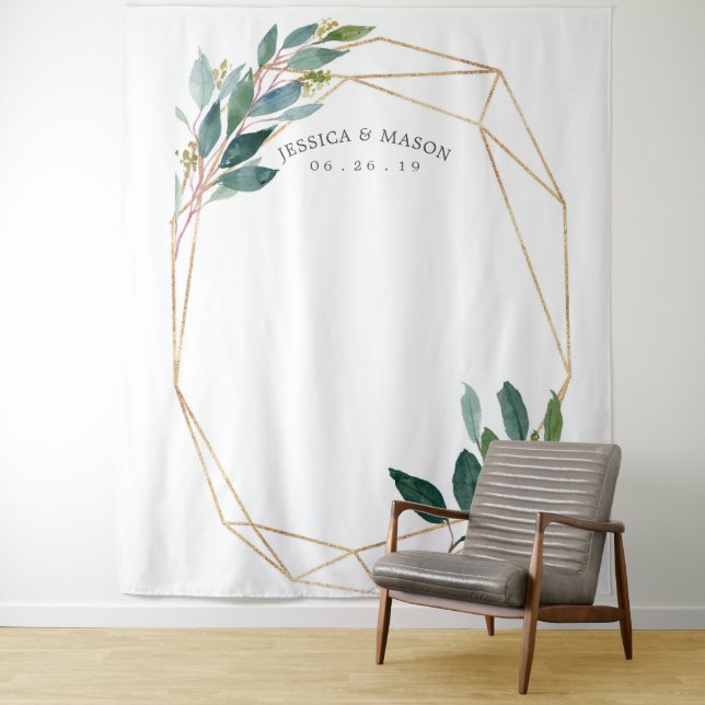 Greenery Gold Wedding Backdrop Photo Booth Tapestry (In Situ)